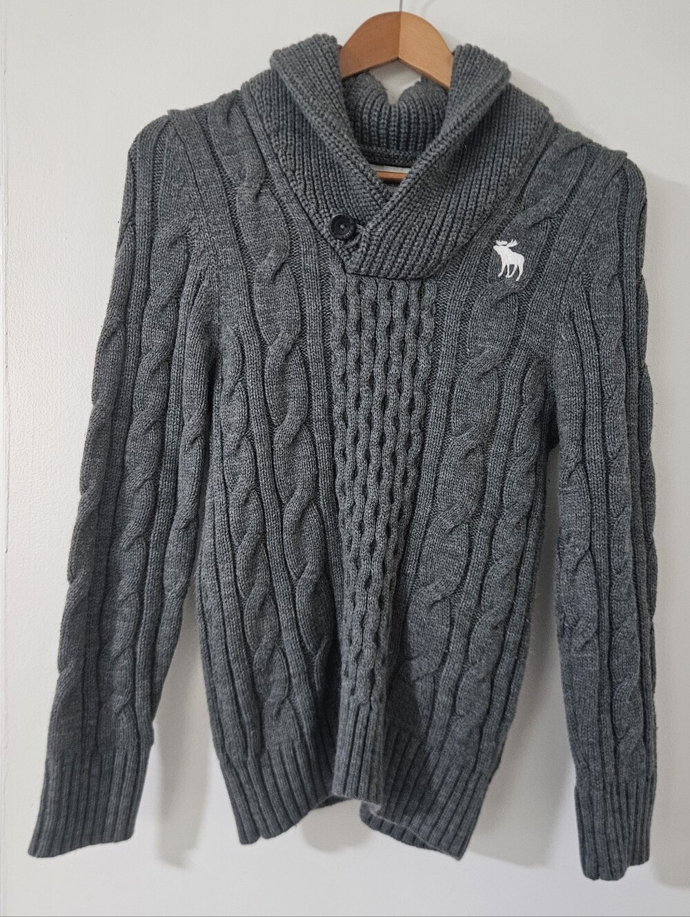 Abercrombie & Fitch Mens Sweater S Y2K Cable Knit Shawl Collar Preppy Logo VTG